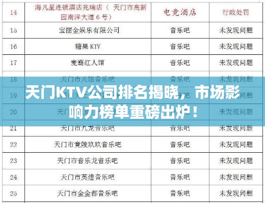 天门KTV公司排名揭晓,市场影响力榜单重磅出炉!